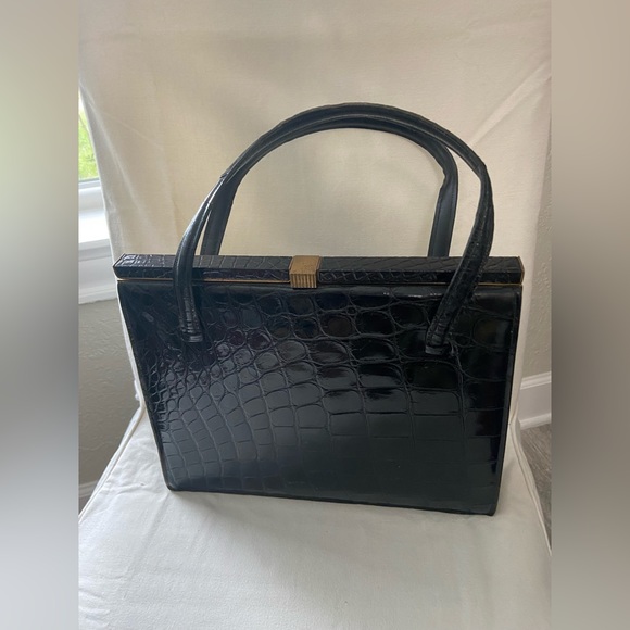 Vintage Deauville Black Crocodile Skin Leather Handbag With Two Handles - Picture 2 of 16